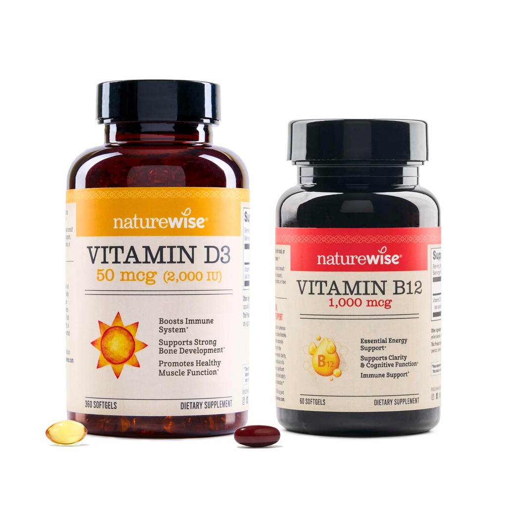NatureWise Vitamiin D3 2000iu 360 Count ja Vitamiin B12 1000mcg 60 Softgels energia, immuunsüsteemi toetamine ja tervislik lihaste funktsioon