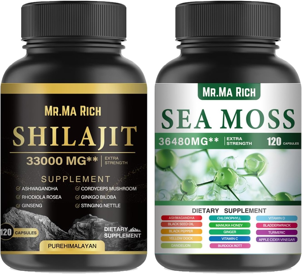 Sea Sammal ja Shilajit Capsule Bundle, Ashwagandha Rhodiola Rosea Ginseng Cordyceps Mushroom Ginkgo Biloba Stinging Nettle Magic Moss Blendim Must Seemne Kurkum Põderwrack Burdock Black Pepper