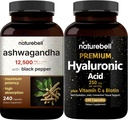 NatureBell hüaluroonhappe kapslid biotiini + C-vitamiini ja Ashwagandhaga 12,500 mg ekvivalent musta piparkoogi pakendiga | Täielik iluhoolduskompleks | Adaptogeenide täiendused lõõgastumiseks