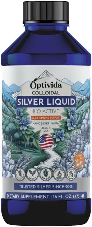 Optivida Health Colloidal Silver Liquid (16 Oz) – Premium Nano Silver Kolloidne täiendus igapäevaseks heaoluks ja immuunsuse toetamiseks, looduslik vedelik Hõbehüdrosool täiskasvanutele ja lastele, mitte-GMO, gluteenivaba
