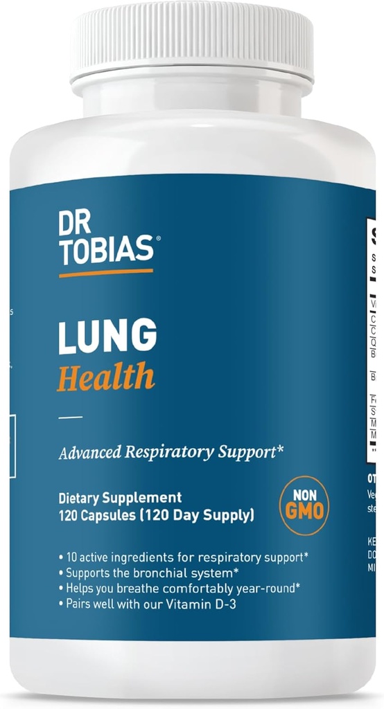 Dr Tobias Lung Health Supplement koos C-vitamiini, Butterbur, Quercetin & Bromelain, Advanced Lung Cleanse Detox valem bronhide ja hingamisteede, Non-GMO, 120 kapslit, 120 Servings
