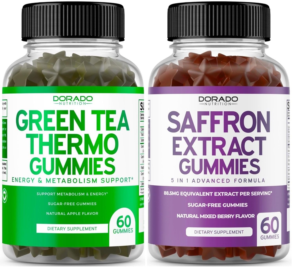 Green Tee Fat Burner (60 Count) Kaalulangus Rasvapõletaja Supressant täiskasvanutele ja Safran Supplements (60 Gummies) Premium Sugar Free Gummy - 5 in 1 Advanced Formula - Vegan Safe & USA Made