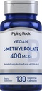 Piping Rock L MethylFolate Supplement | 400 mcg | 130 kapslit | Taimetoitlane, vegan | Mitte-GMO, Gluteenivaba