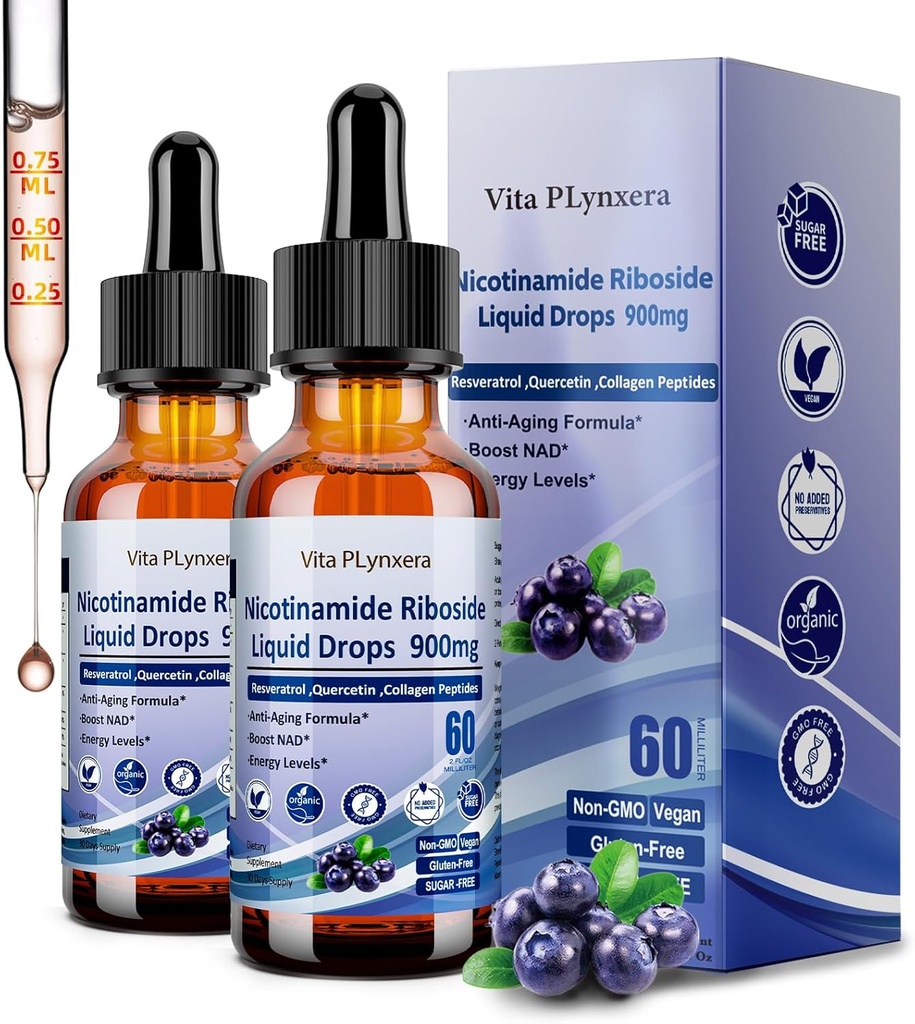 2 Pack NAD täiendused naistele ja meestele, NAD nikotiinamiid Ribosiid Resveratrool 900mg & kvertsetiin, niatsiin, kollageen, biotiin, vedel NAD Plus täiendus NR900 vananemisvastase naha energia pikaealisuse fookus