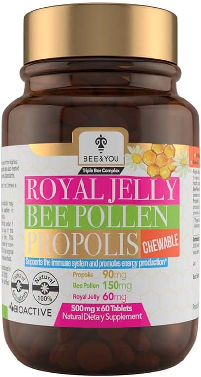 BEE ja You Royal Jelly + Propolis + Bee Pollen närimistabletid - kõrge potentsi - Kunstlik maitse / säilitusained - Ei ole lisatud suhkrut - Ei soja / piima / želatiin / GMO / gluteen, 500 mg x 60 tabletti