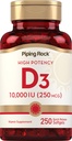 Torukivi vitamiin D3 10000 RÜ | 250 mcg | 250 Softgels | kõrge potentsi | Mitte-GMO & Gluteenivaba toidulisand