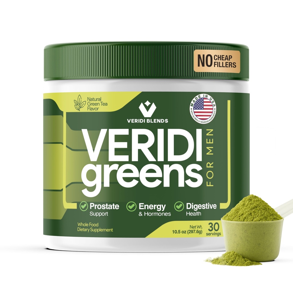 Veridi Greens for Men 40+ | Daily Superfood Greens Powder for Prostate Health, Hormone & Energy Support | Premium USA segu Spirulina, Saw Palmetto, Tsink & Ensüümid