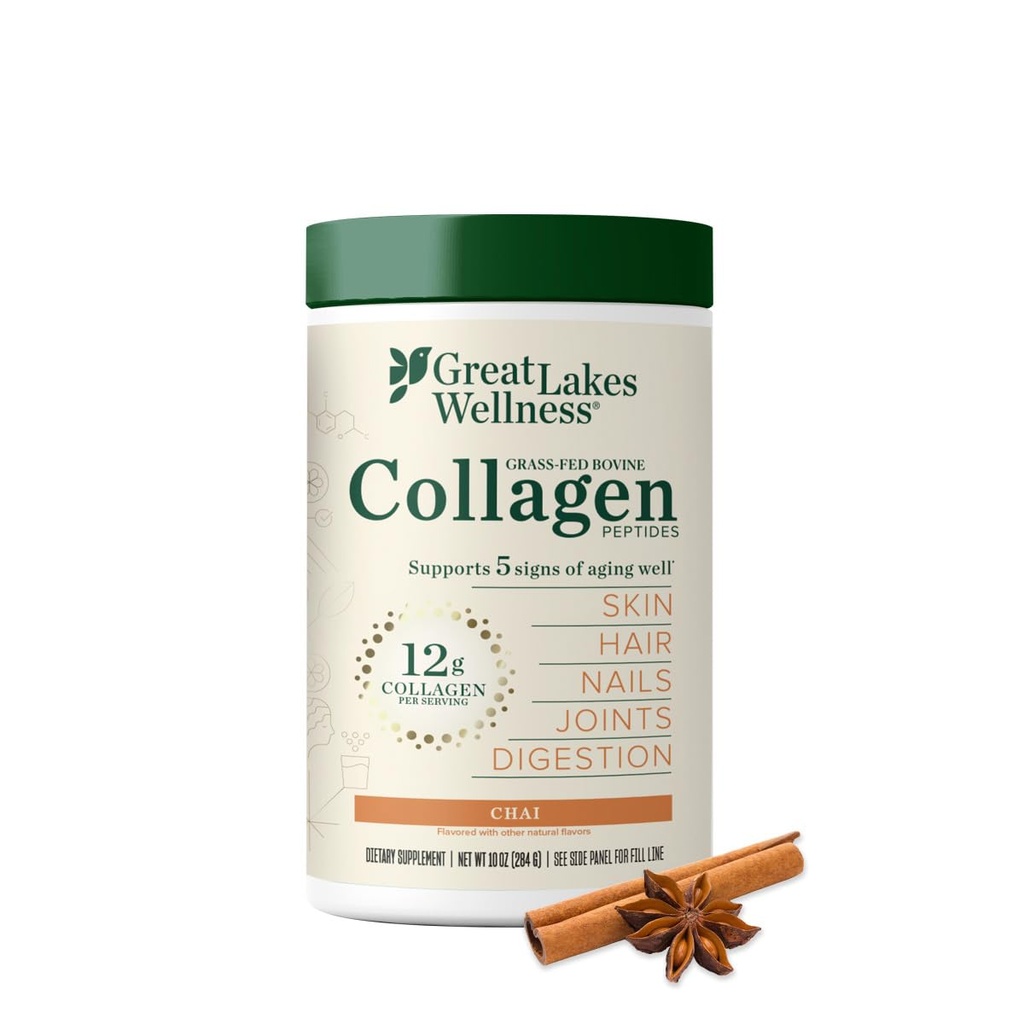 Great Lakes Wellness Kollageen Peptiidid Pulber nahale, juustele, küüntele, liigestele ja seedimisele - Chai Maitsestatud - Kiire lahustatud hüdrolüüsitud, Mitte-GMO, Kosher - 10 oz