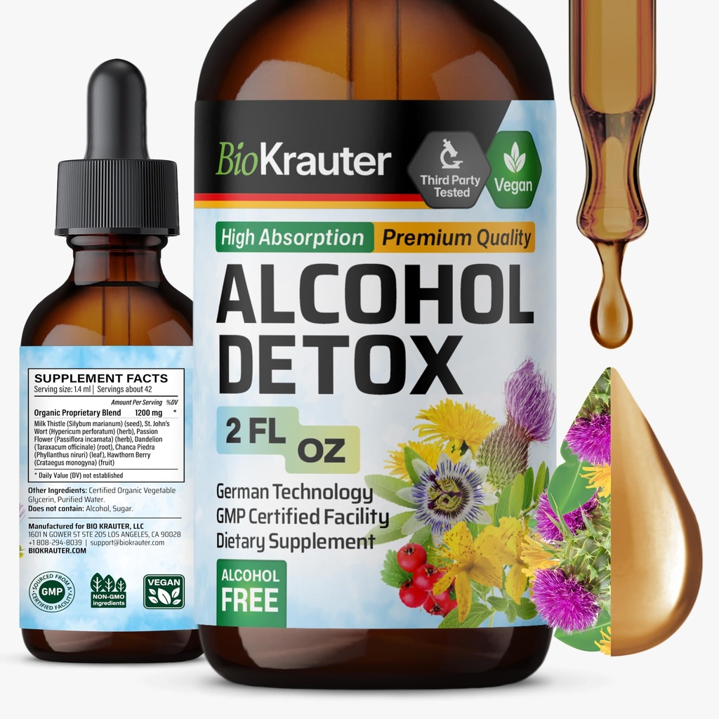 BIO KRAUTER Alcohol Detox Tinktuur - Maksapuhastus & Detox Formula - Piimaohakas & Dandelion - Maksatoetus Vedelekstrakt - Alkoholi- ja suhkruvaba - Vegan Tilgab 2 Fl.Oz