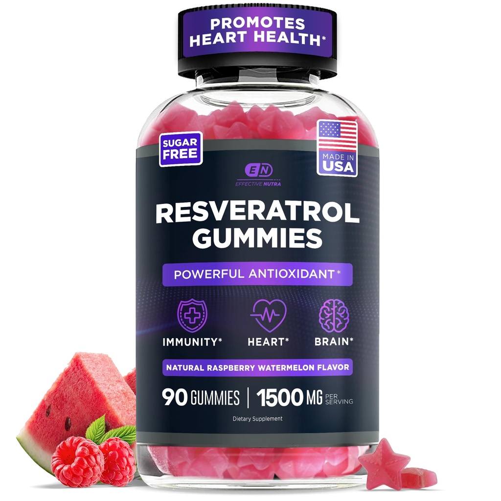 Efektiivne NUTRA Resveratrol Gummies 1500mg | Suhkruvaba toidulisand antioksüdantide toetamiseks, immuunsuseks, südame terviseks ja ajufunktsiooniks | 45-päevane pakkumine, looduslik marjamaitse, valmistatud USA-s (90 loend)