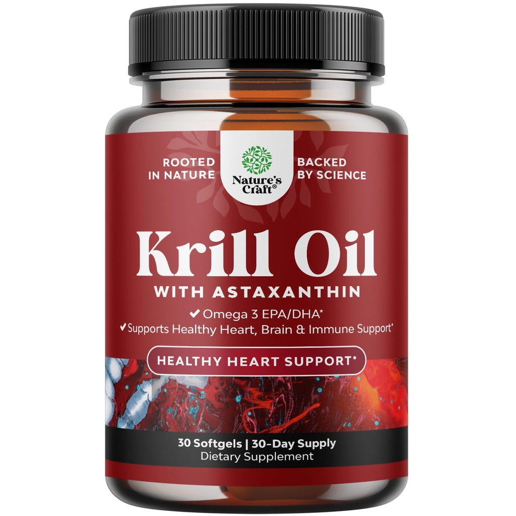 Krill Omega 3 kalaõli softgels - kontsentreeritud krill EPA & DHA Fish Oil Omega 3 täiendus naistele ja meestele immuunsuse toetamiseks, tervisliku aju ja südame tervise jaoks - haputu rasvhapete täiendus - 30 loend