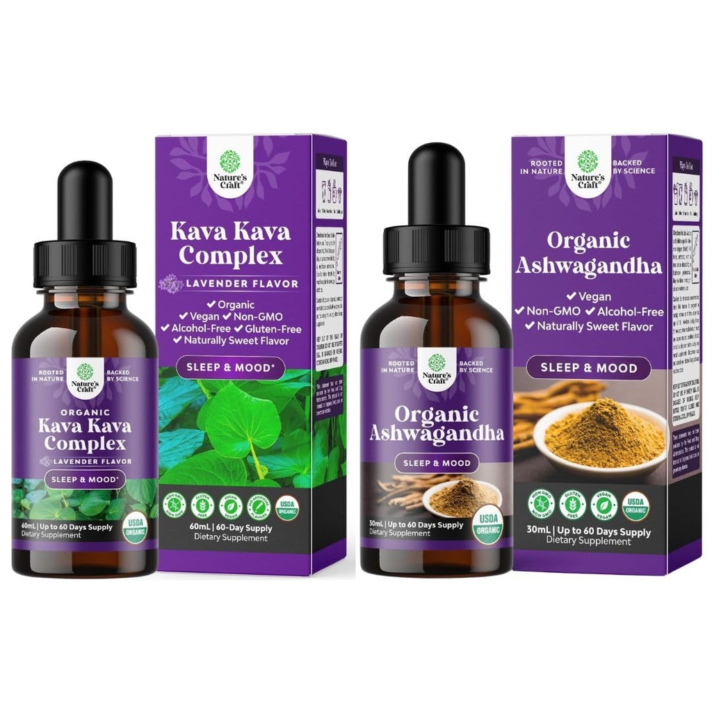 Bundle of Potent Liquid Kava tilgad täiendada Kavalactones parema une ja USDA Orgaaniline Ashwagandha Vedel tilgad - Ashwagandha juure ekstrakt stressi ja meeleolu toetust täiskasvanutele
