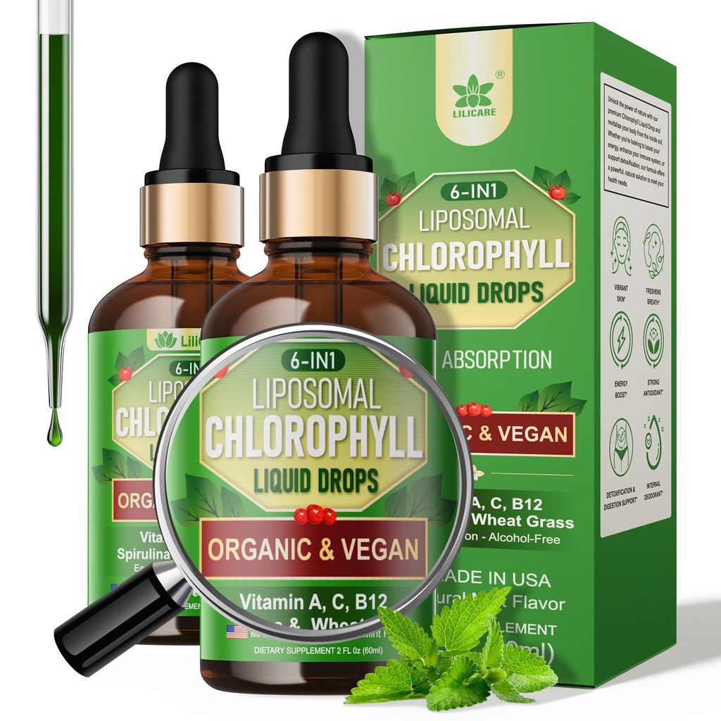Orgaaniline klorofüll Vedel tilgad Liposomal naistele ja meestele, 6-in-1 Greens Superfood Vegan Chlorophyll w / Spirulina, nisu rohi, C-vitamiin B12 A sisemise deodorandi *, energia, seeditav, 2Packs/4 Fl Oz