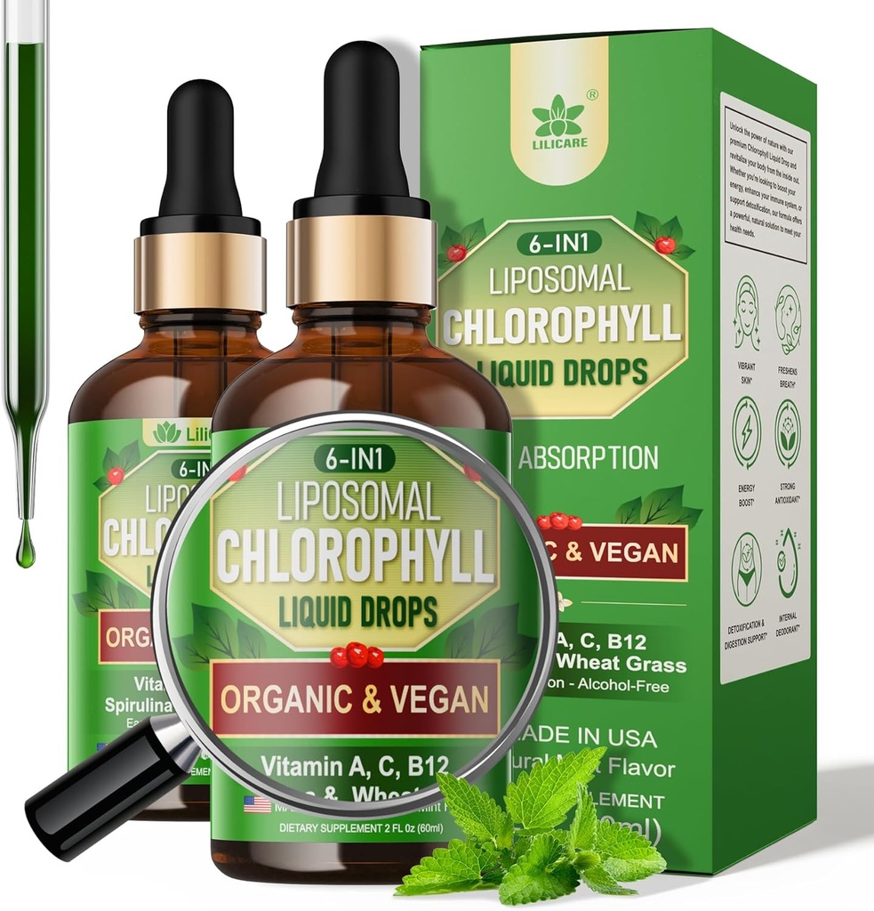 Organic Chlorophyll Liquid Drops Liposomal for Women & Men, 6-in-1 Greens Superfood Vegan Chlorophyll w/Spirulina, Wheat Grass, Vitamin C B12 A for Internal Deodorant*, Energy,Digestive,2Packs/4 Fl Oz