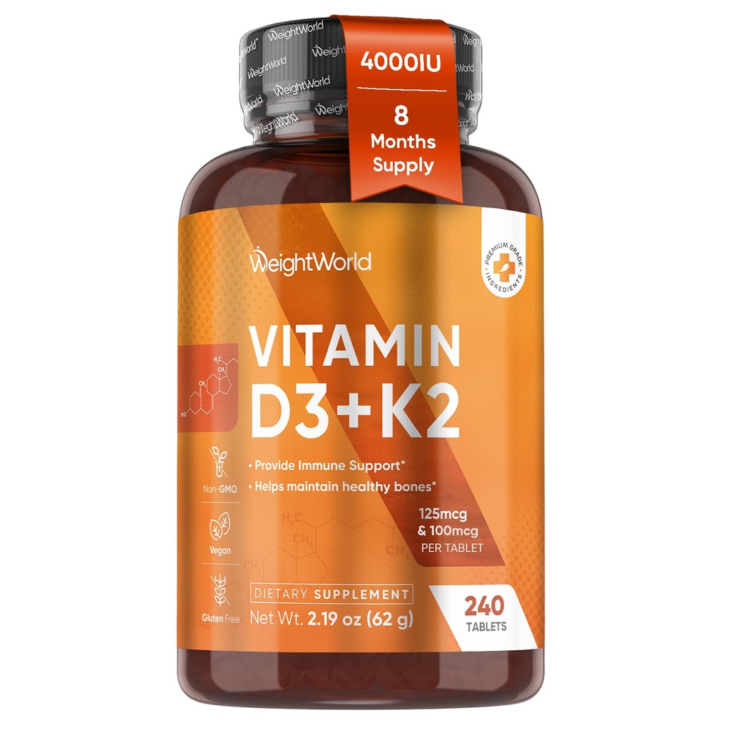 WeightWorld D3 Vitamiin 4000 IU + K2 125mcg | Vitamiin D3 K2 tervete luude ja immuunsuse toetamiseks (8-kuuline pakkumine) | 240 Vegan D3K2 tabletti | Taimepõhine VIT D3 & K2 (MK-7) | Gluteenivaba, mitte-GMO