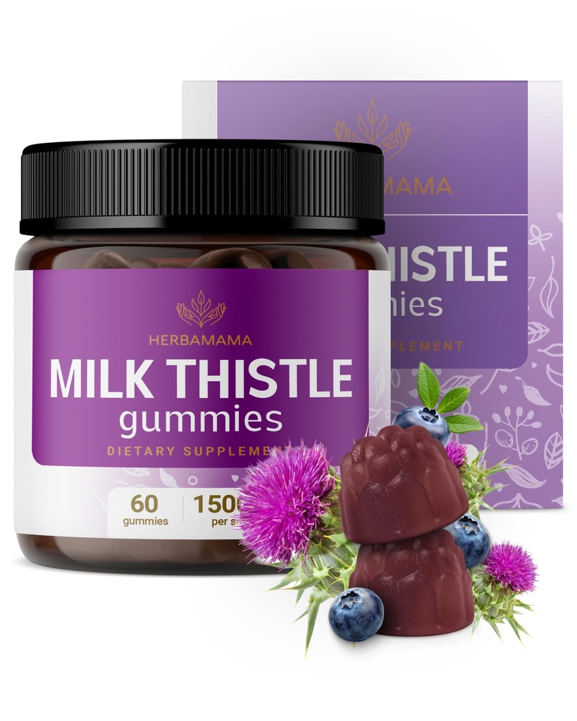 HERBAMA Piimaohaka lisand - 1500 mg piimaohaka seemnekummid maksa puhastamiseks - Vegan, mitte-GMO Maksatoetus Silybum Marianumiga - 60 pektiinipõhist mustika-maitselist närimist