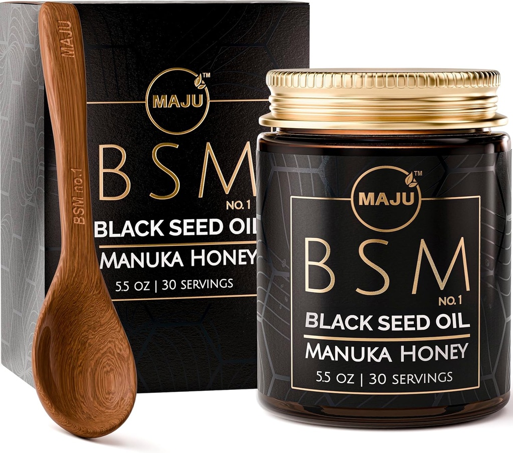MAJU 3-in-1 Black Seed Oil, Manuka Honey & Seeds (traditsiooniline stiil) BSM nr 1, Sweet & Crunchy Taimne segu, Nigella Sativa Oil and Seeds, Pastöriseerimata & Toores Monofloral Manuka Honey Uus-Meremaa