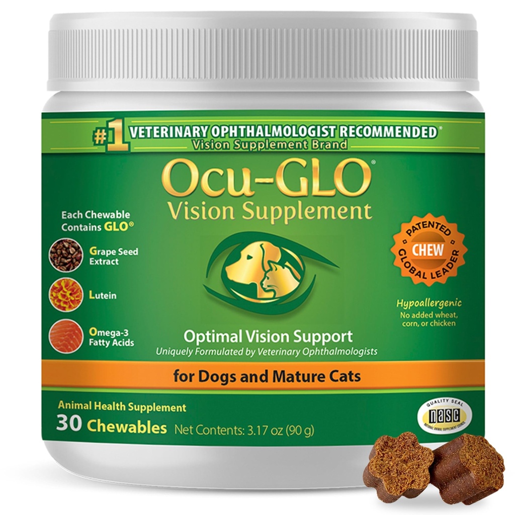 Ocu-GLO Cat & Dog Senior Supplement for Eye Support - Näritav Visioon Vitamiinid Toidulisandid suurtele ja väikestele lemmikloomadele Hooldus Luteiin, Omega-3 rasvhapped, Viinamarjaseemne ekstrakt ja antioksüdandid