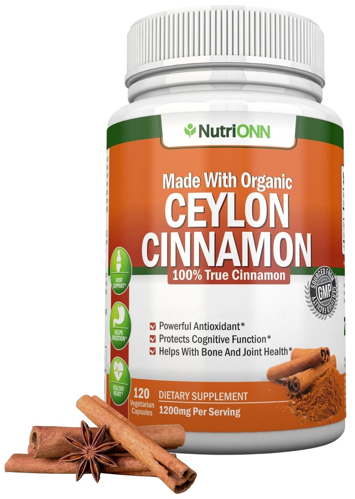 Orgaaniline Ceyloni kaneel 1200 mg | 120 Vegankapslid | True Cinnamomum verum Sri Lankalt | Non-GMO, Third- Party Lab Tested, Low Coumarin, GMP Certified