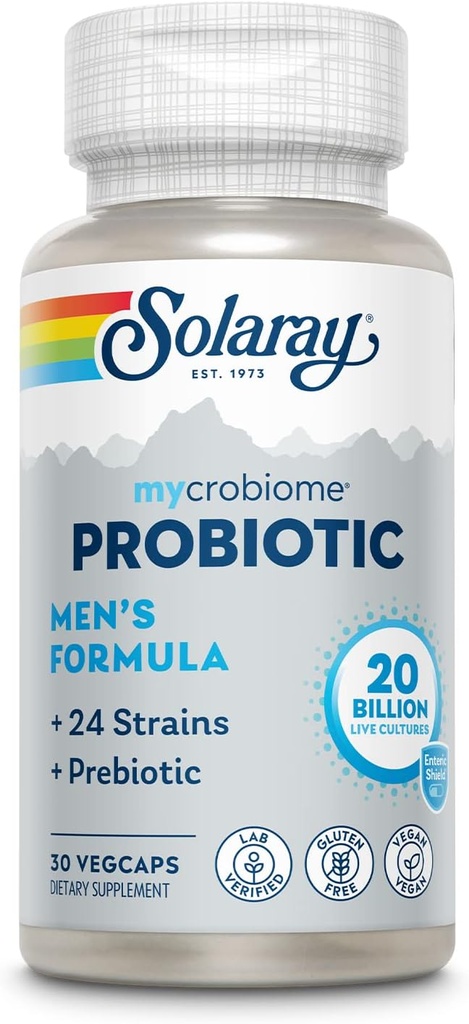 SOLARAY Mycrobiome Probiotic Men’s Formula, Probiotics for Men, Gut Health, Digestion, Immune Function & More, 20 Billion CFU Mens Probiotic, 24 Strains Plus Prebiotic, 30 Servings, 30 VegCaps