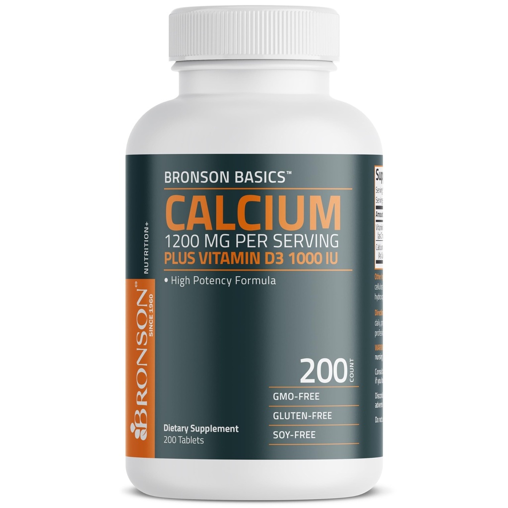 Bronson Calcium 1200mg per Serving Plus Vitamiin D3 1000 RÜ suure tugevusega valem, Non-GMO, 200 tabletti