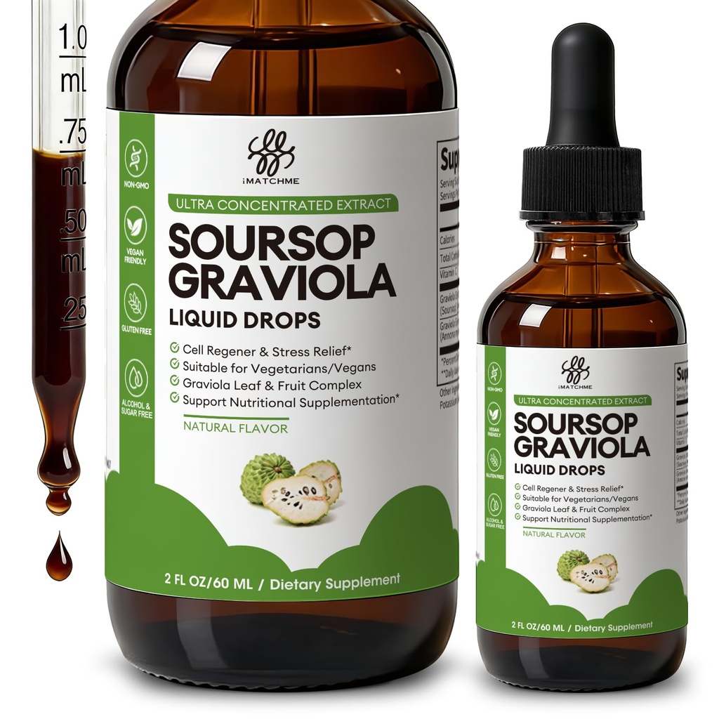 iMATCHME Soursop Graviola Liquid Drop for Cell Support & Regeneration, Immune System and Sot Health Support, Pure Soursop Bitters Vedelik, Suur imendumine, Suhkru/Gluteenivaba, looduslik maitse, 2 Fl Oz