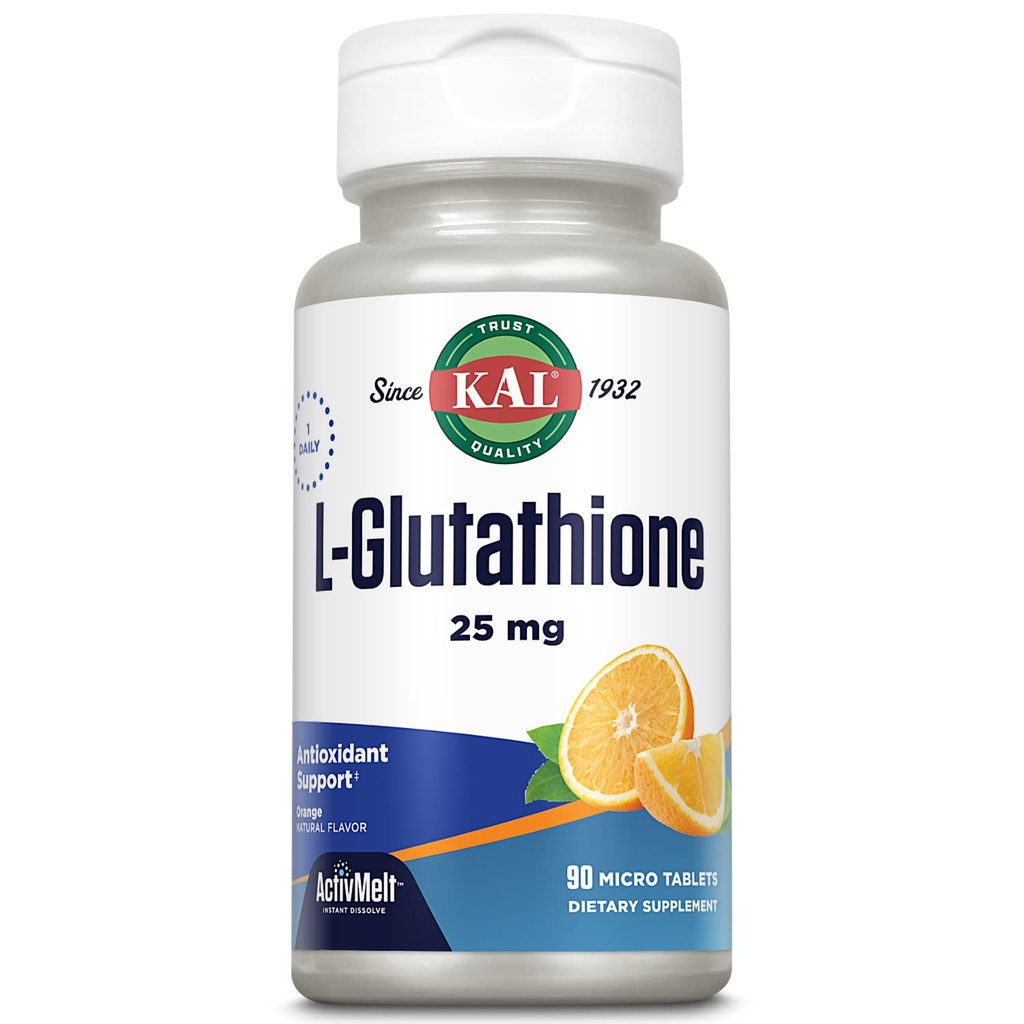 KAL L-Glutatioon , vähendatud glutatioonilisand , kõrge neeldumisega antioksüdant , oranž maitse kiirlahustuv ActivMelt , taimetoitlane , Lab Verified , 90 serveerimist , 90 mikrotabletti