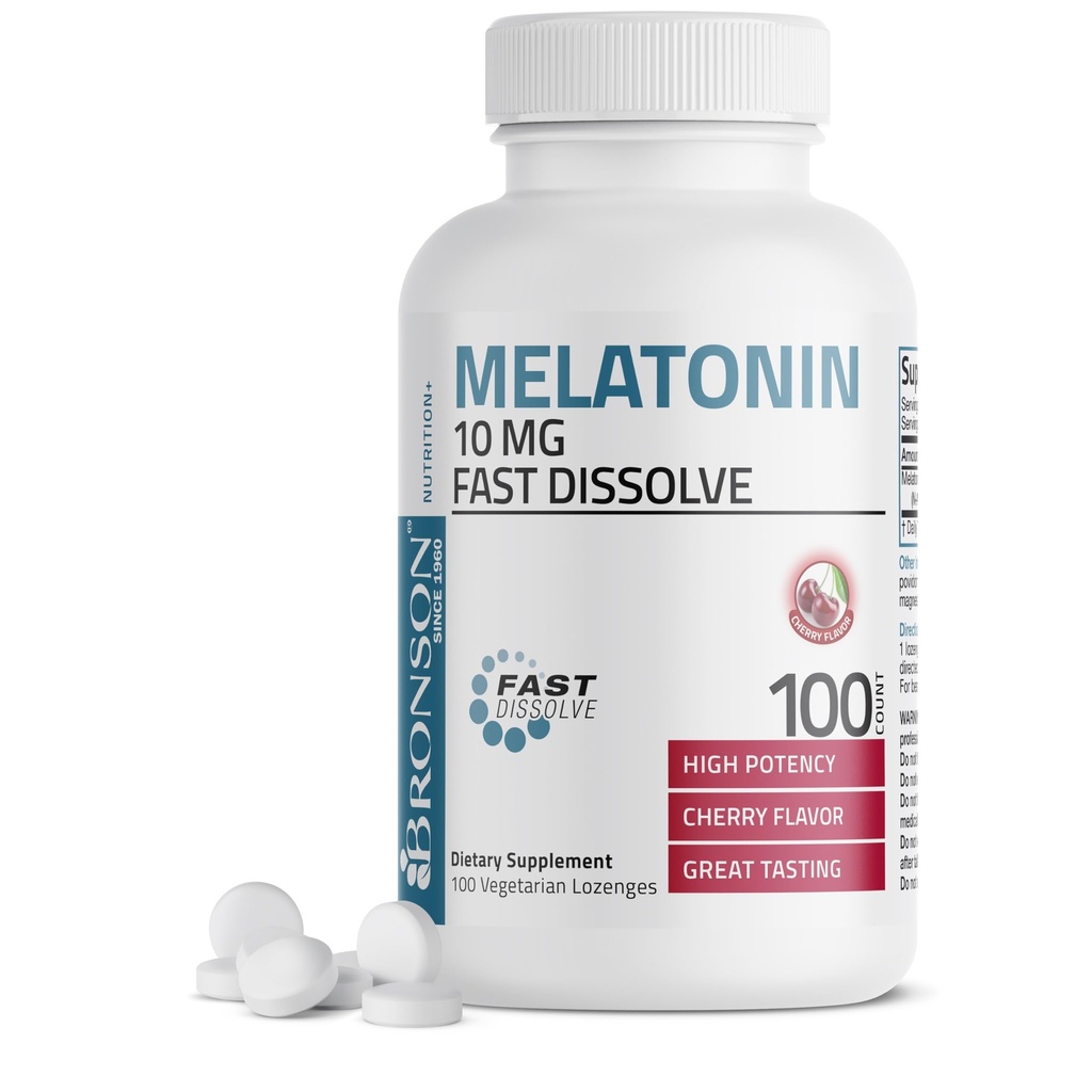 Bronson Melatoniin 10mg Kiire lahustuv Kirss Maitsestatud tabletid Taimetoidulised närimiskohad, 100 krahv