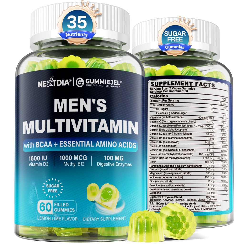Metüülitud multivitamiin meestele Gummies, BCAA aminohapped, tsink, igapäevane A-vitamiin C D3 E K2 B kompleks, kaltsium, magneesium, lükopeen, seedetrakti ensüümid - energia, immuun, lihas-suhkruvaba, vegan, 60Cts