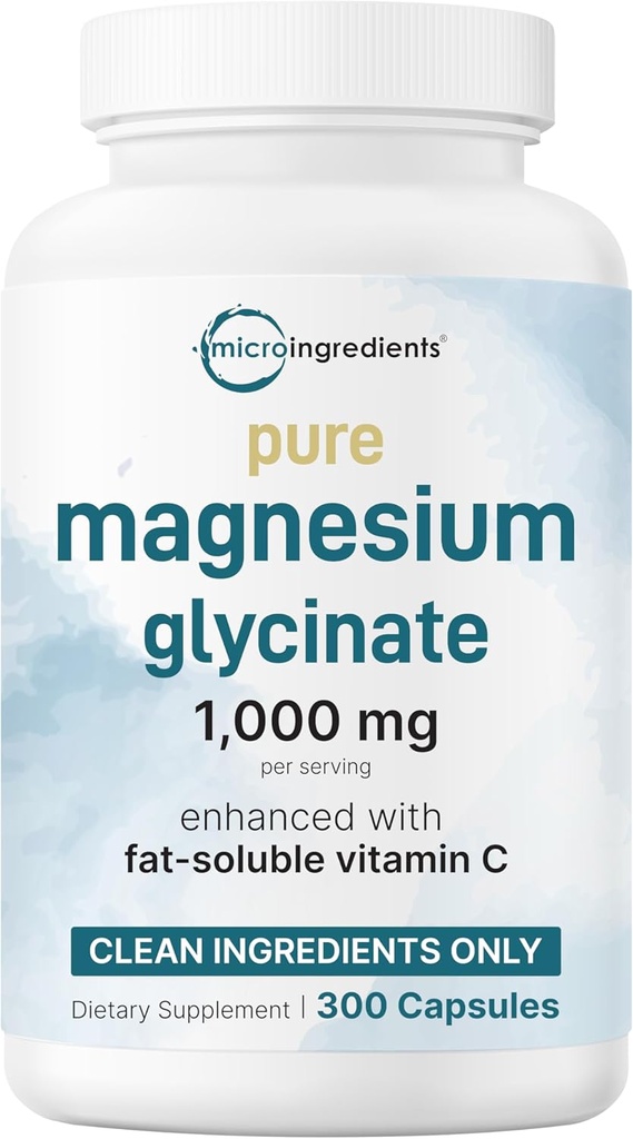 Puhas magneesiumglütsinaat 1000 mg, 300 kapslit | 100% kelaaditud Maxi imendumiseks | Toetus une, lihaste, südame ja närvide tervisele | täiustatud C-vitamiiniga | Kasutab ainult aktiivseid koostisosi