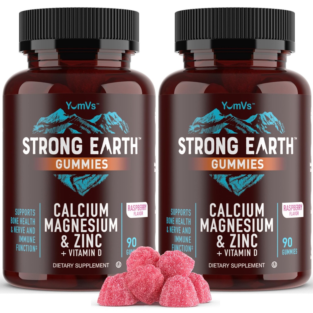 YUM-V'S kaltsium, magneesium, tsink ja D-vitamiini kummid, Cal Mag närimistable Supplement, Taimetoitlane Kosher Halal Natural Vaarika Maitse Gummies täiskasvanutele Naised ja mehed - 90 Count (Pack of 2)