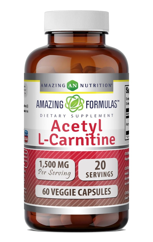 Amazing valemid Atsetüül L-karnitiin Hcl Veggie Dietary Supplement - 500 Mg, Veggie kapslid (mitte GMO, gluteenivaba) per pudel - edendab energia tootmise ja kognitiivse funktsiooni (60 Count)
