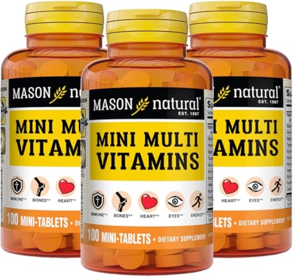 MASON LOODUSLIK Mini multivitamiinid, vitamiinid A, C, D3, E, B1, B2, B3, B6, B12, folaat ja kaltsium üldise tervise jaoks, 300 päeva pakkumine