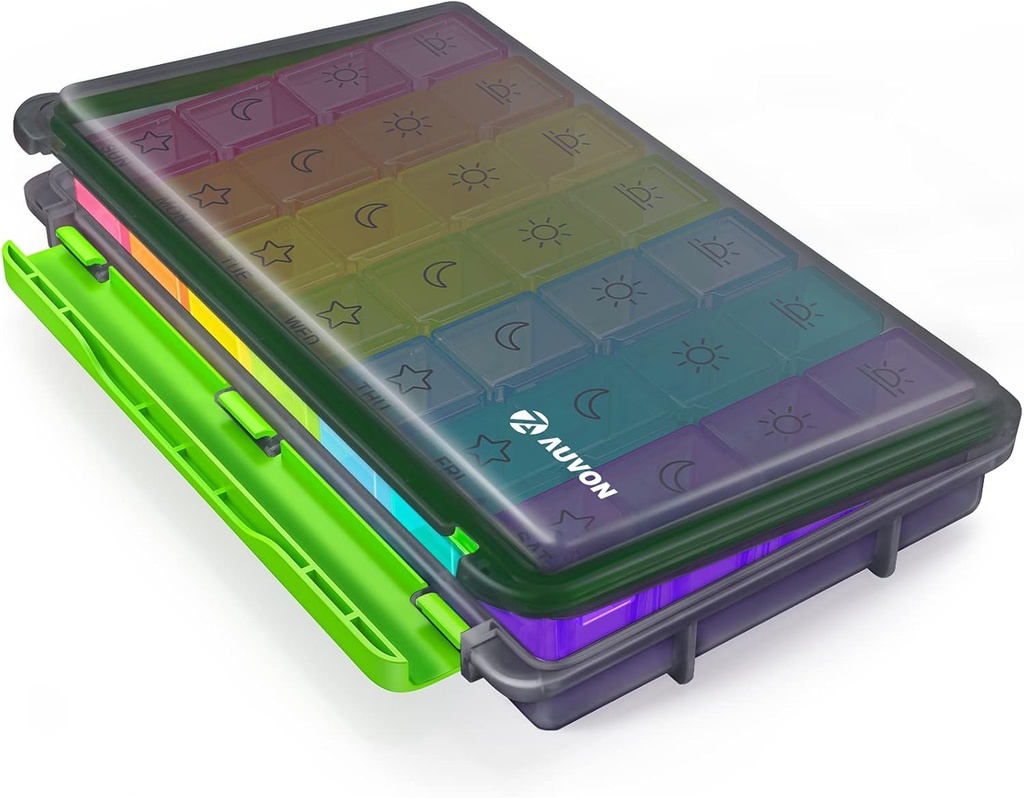 AUVON iMedassist Niiskus-Proof Weekly Pill Organizer 4 korda päevas, suur 7-päevane pillide karp kaasaskantava disainiga reisimiseks, eemaldatavad individuaalsed konteinerid sisaldavad vitamiine, toidulisandeid, ravimeid