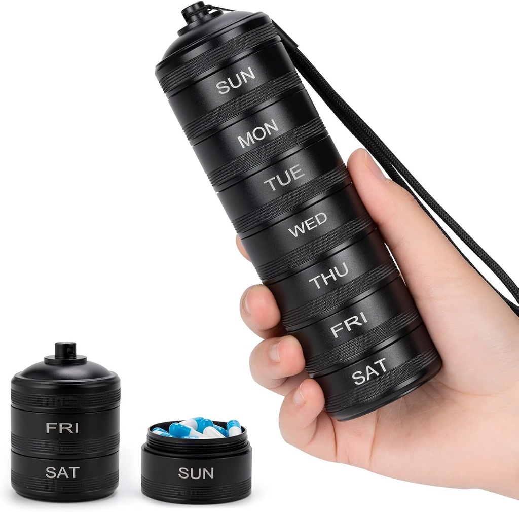 Pill Organizer Weekly Metal Travel Pill Box veekindel - 7 päeva suur alumiiniumist legeeritud pillide konteiner, kaasaskantav igapäevane pillide juhtum vitamiinide, ravimite, toidulisandite, kalaõli jaoks