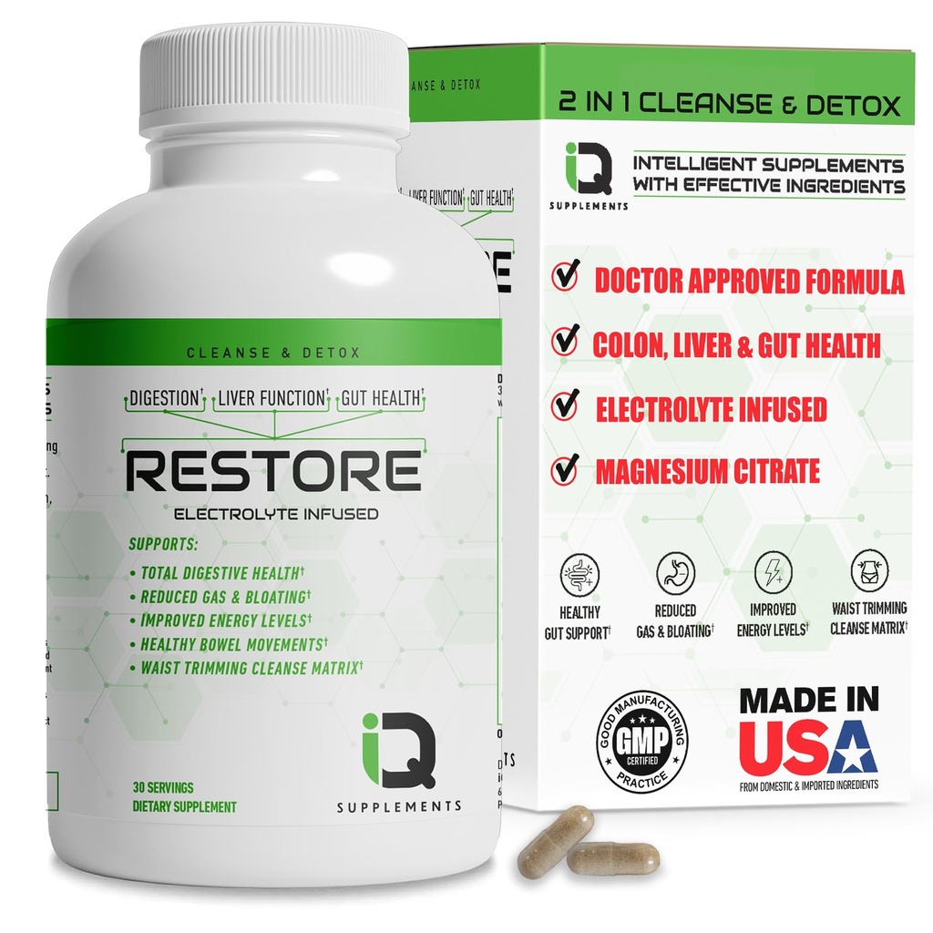 Restore 2 in 1 Colon Cleanse & Detox w/ Psyllium - toetab seedimist, Debloating & Constipation Relief naistele ja meestele, Gut Detox Cleanse w/ Magnesium | Elektrolüüt Infundeeritud Colon Cleanser & Detox