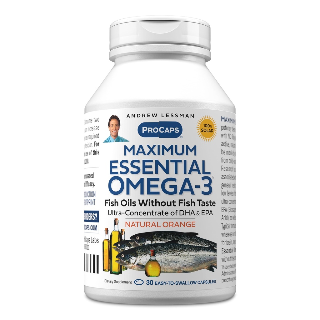ANDREW LESSMAN Maximum Essential Omega-3 Orange - 30 Softgels - Ultra-Pure, High Potency Omega-3 Oils. Kõrge DHA, ei mingit kõhuhäda, ei mingeid saasteaineid, ei elavhõbedat. Väikesed kergesti neelatavad pehmed sohvad