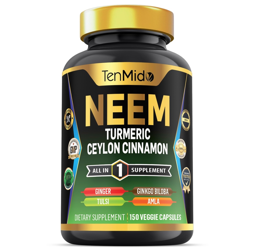 Neem Leaf Supplement - 8in1 valem - Kombineerige kurkum, Tseiloni kaneel, Ingver, Tulsi, Ginkgo Biloba, Amla ja Black Pepper - Immune Health Support - 150 Vegan Kapslit