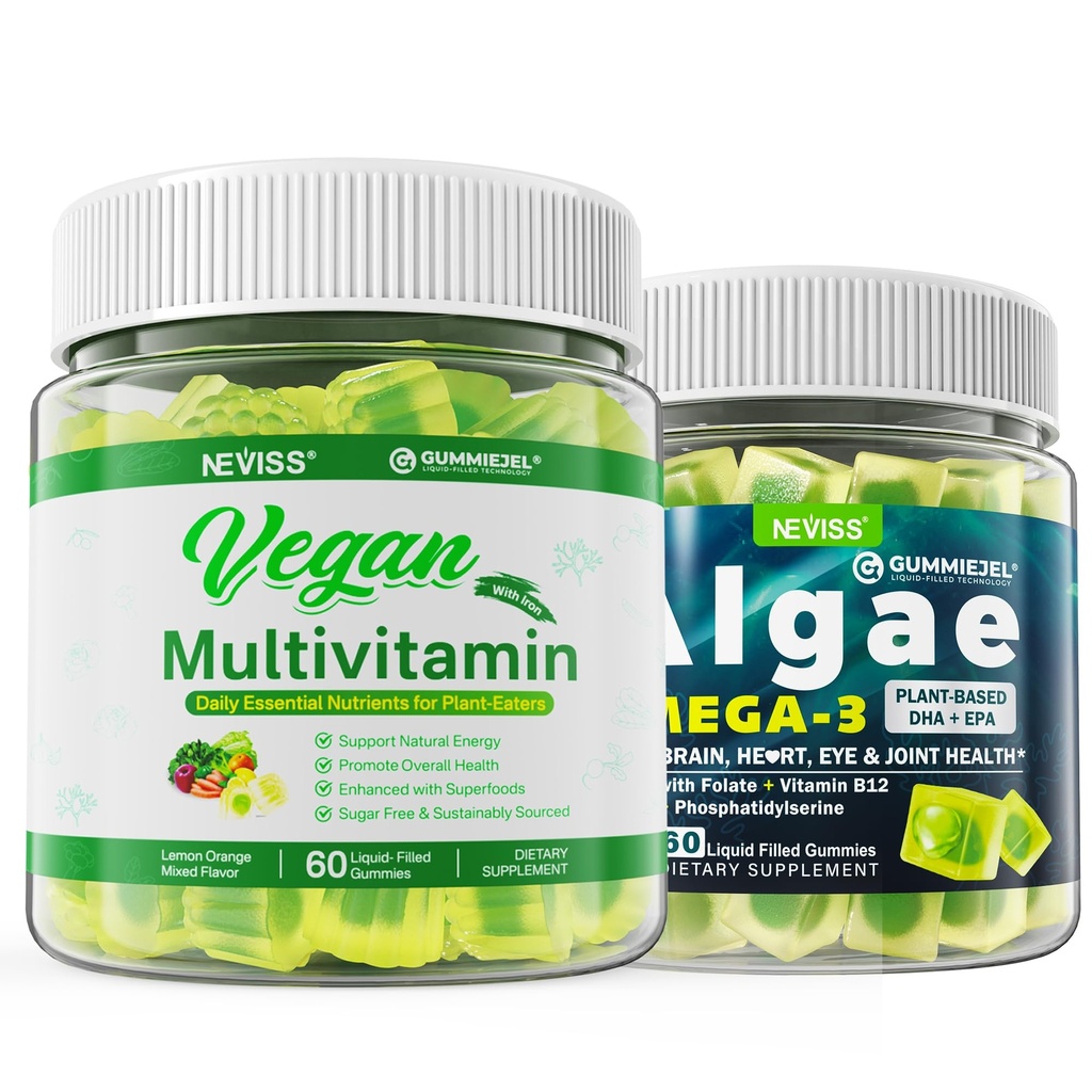 Vegan Omega 3 Gummies 1000mg Vegan Multivitamiini naistele Raud, Vitamiin B12, A, D3, K2, Vetikad Omega 3, Magneesium, Tsink