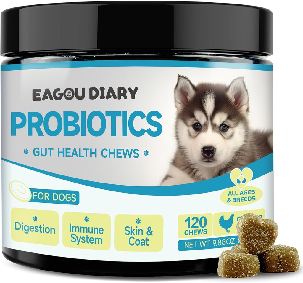 Eagou päevik probiootikumid koertele - koerte probiootikumid seedetrakti tervise jaoks, soolestiku tervise lisandid prebiootikumidega, kitsepiim, omega 3, vitamiinid, närid koerte kõhulahtisuse, kõhu, gaasi leevendamine - 120 Ct