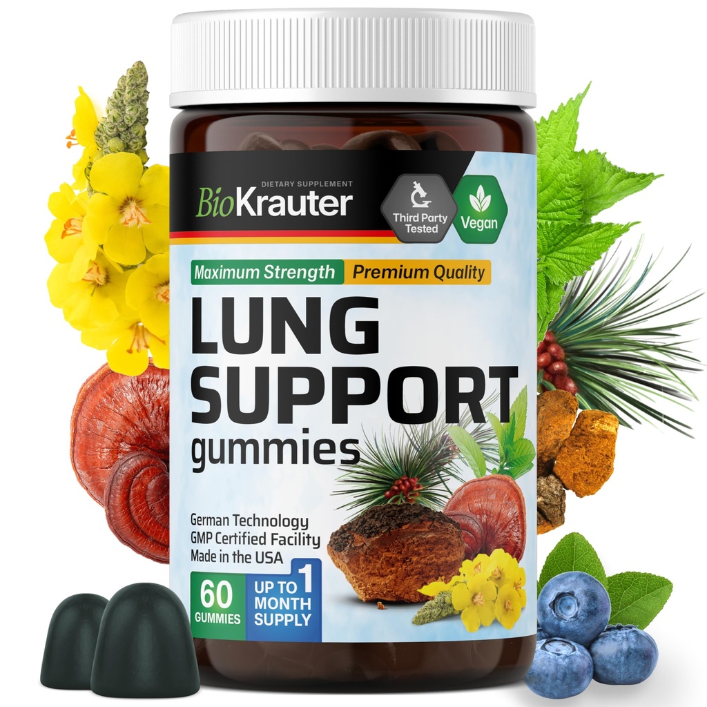 BIO KRAUTER Lung Detox Gummies - 60 Vegan Chews - Lung Cleanse Supplement w / Vitamiin C & Mullein Leaf Blend - Hingamisteede tugi