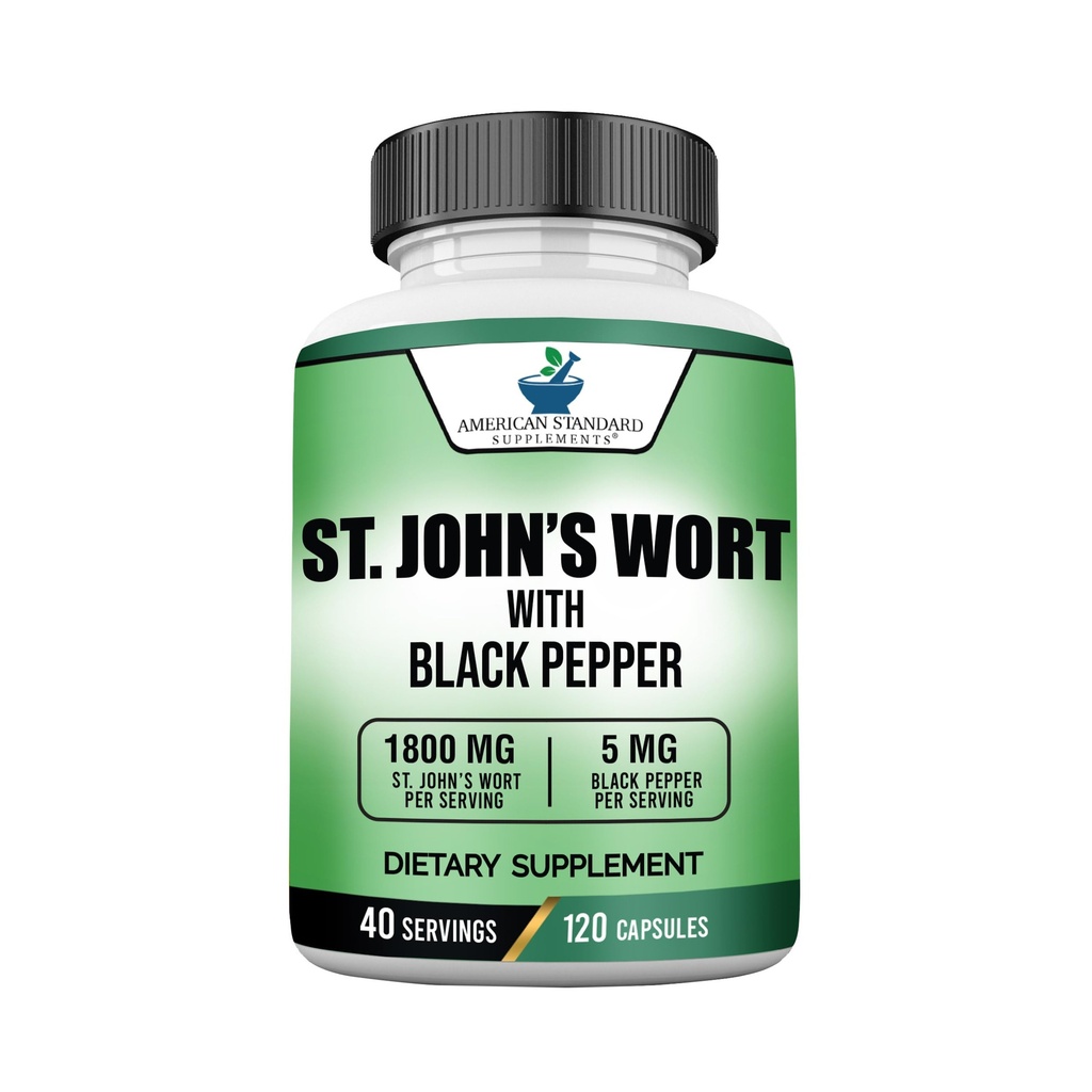 American Standard Supplements St. John's Wort 1800mg Per Serving Black Pepper Fruit Extract - Vegan, Gluteenivaba, Non-GMO, 120 kapslit, 40 Servings