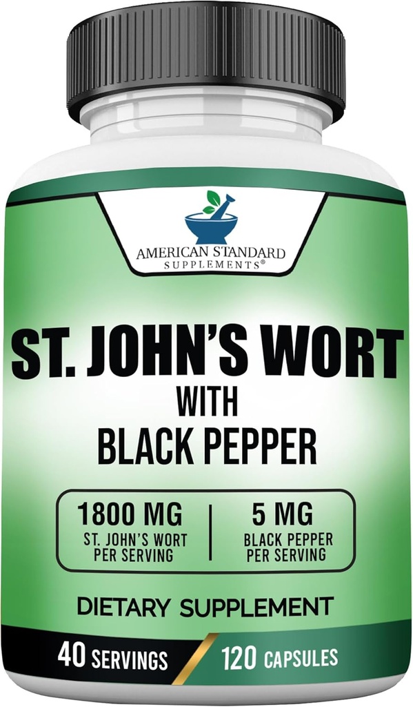 American Standard Supplements St. John's Wort 1800mg Per Serving Black Pepper Fruit Extract - Vegan, Gluteenivaba, Non-GMO, 120 kapslit, 40 Servings
