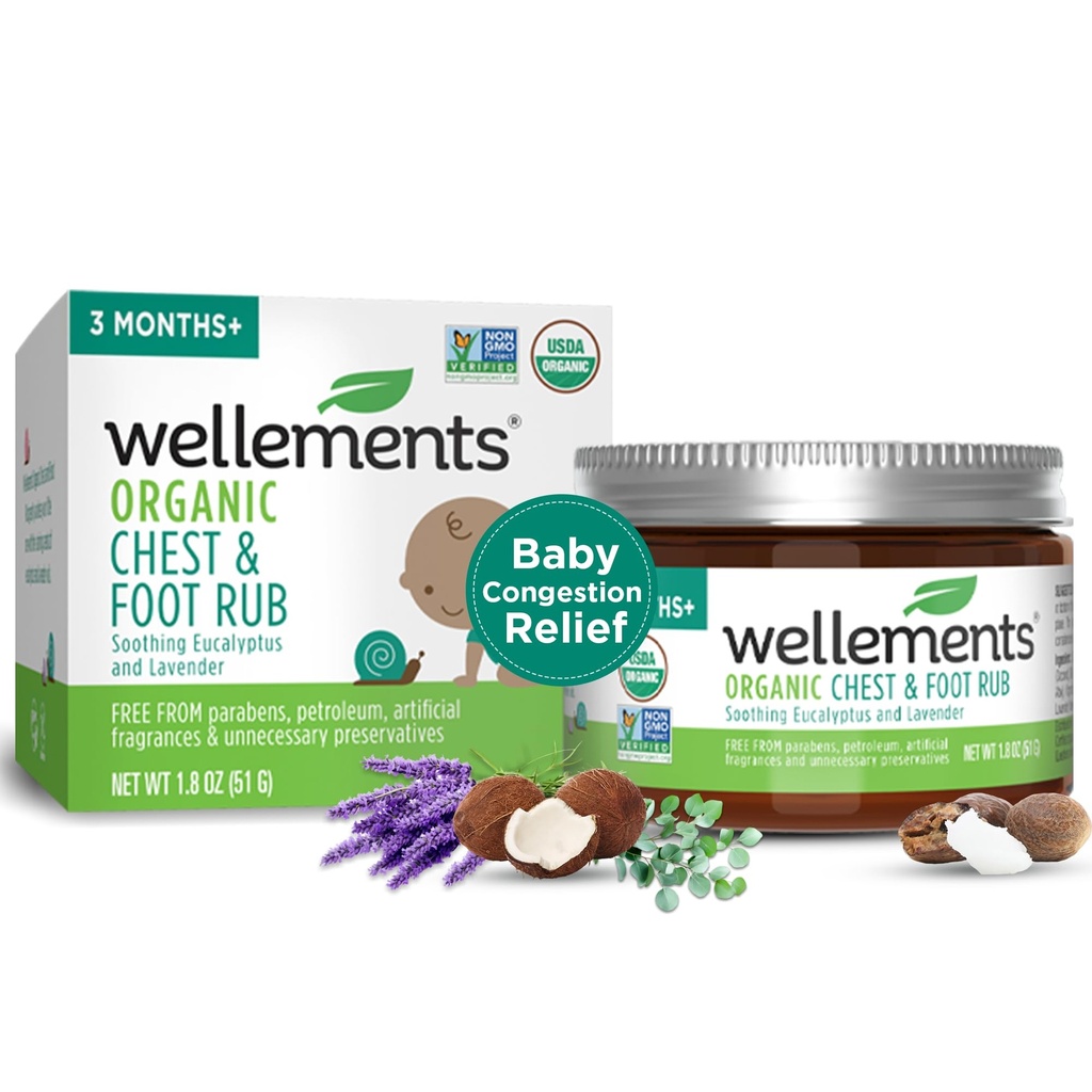 Wellements Organic Baby Chest & Foot Rub 3 kuud + (1,8 Fl Oz) | Soothes & Comforts | Baby ummikute leevendamine * Eukalüpti ja lavendli abil | Vaba naftast, mentoolist ja kunstlikust lõhnast