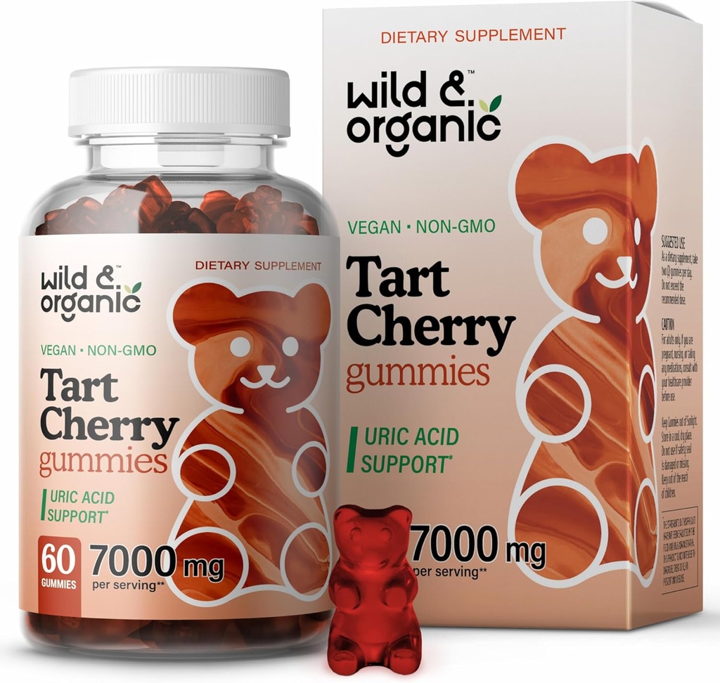 Wild & Organic Tart Cherry Gummies 7000 mg - Tart Cherry Extract Supplement Uric Level Support - 60 Vegan, Non-GMO Chews
