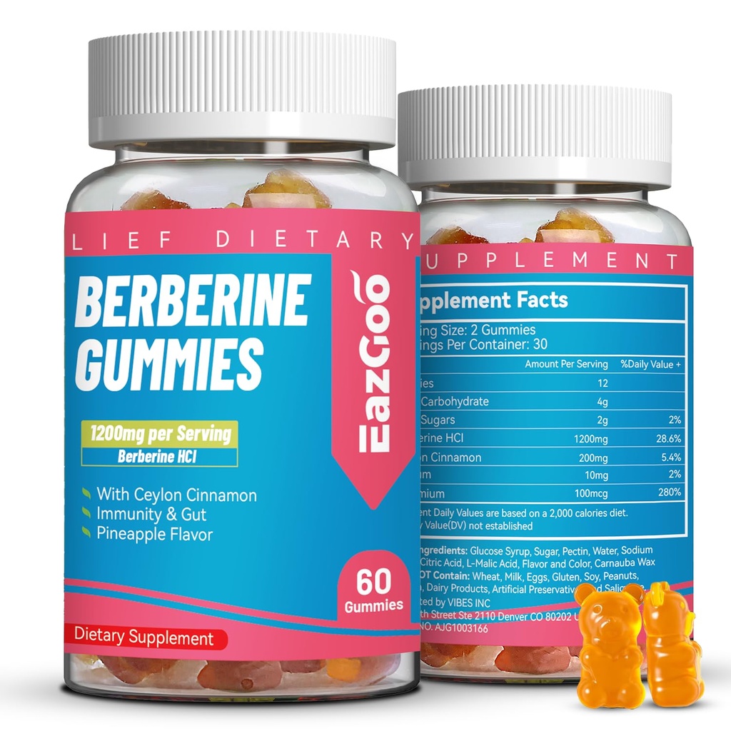 Berberine Gummies koos Ceylon Cinnamon, 1200mg Berberine HCI Täiendus Metabolism ja energia toetus, Vegan, želatiin-vaba - 60 Count