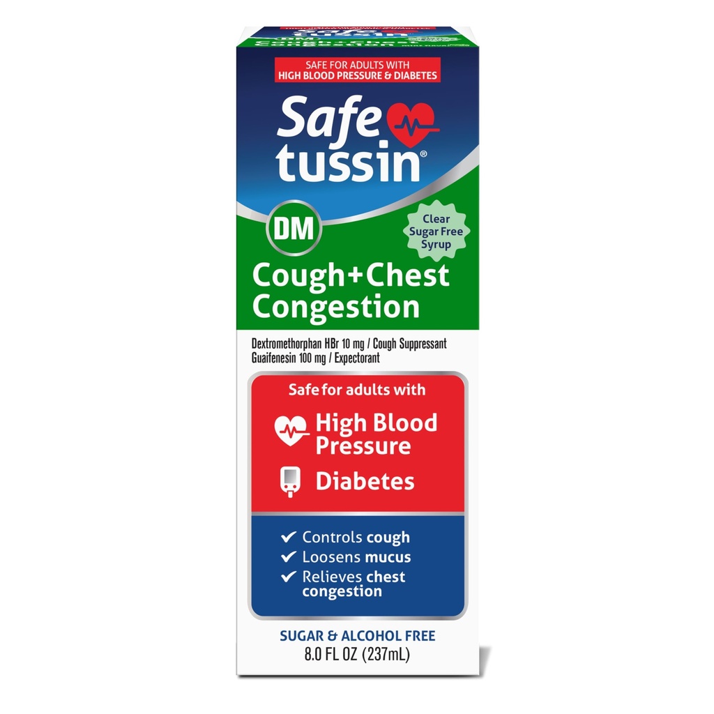 Safetussin DM köha ja rindkere ummistused, 8 oz, ootav lima leevendus, köha leevendus siirup, ohutu kõrge vererõhu ja diabeediga täiskasvanutele