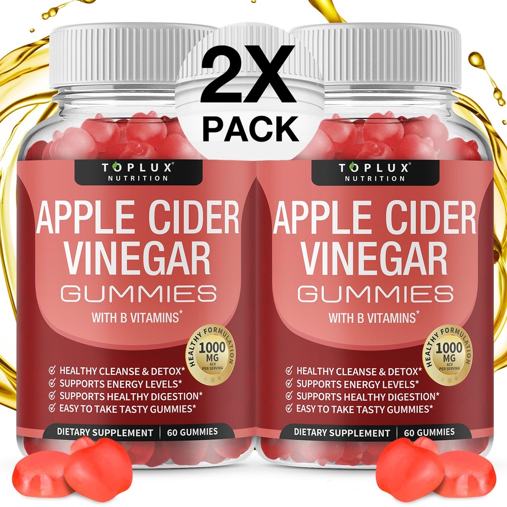 Toplux õunasiidri äädikakummid - 1000mg ACV B12, peedi juur, granaatõuna immuunsüsteemi, Detox & Cleanse, Gummy Alternatiiv Apple Siidri äädikakapslid, meestele naistele 2X Pack
