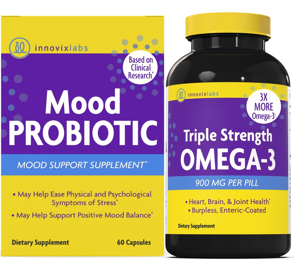 InnovixLabs Mood Probiootikum & Triple Omega Bundle Mood Probiootikum (60 kapslit) Kolmekordne tugevus Omega-3 kalaõli (200 Softgel). Toetab aju, liigeseid ja immuunsüsteemi tervist *