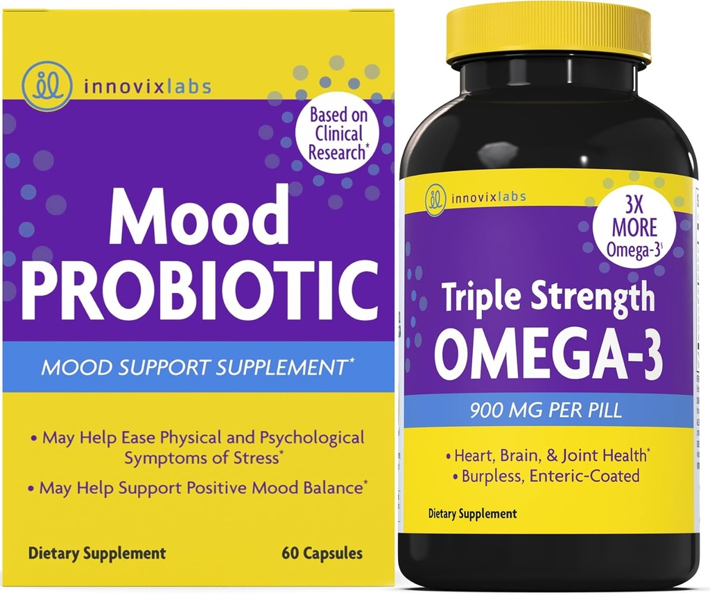 InnovixLabs Mood Probiotic & Triple Omega Bundle Mood Probiotic (60 Capsules) Triple Strength Omega-3 Fish Oil (200 Softgel). Supports Brain, Joints and Immune Health*